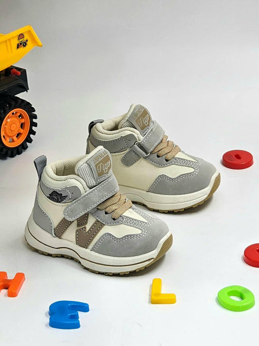 Kids Velcro Strap High-top Sneakers (Grey & Beige)